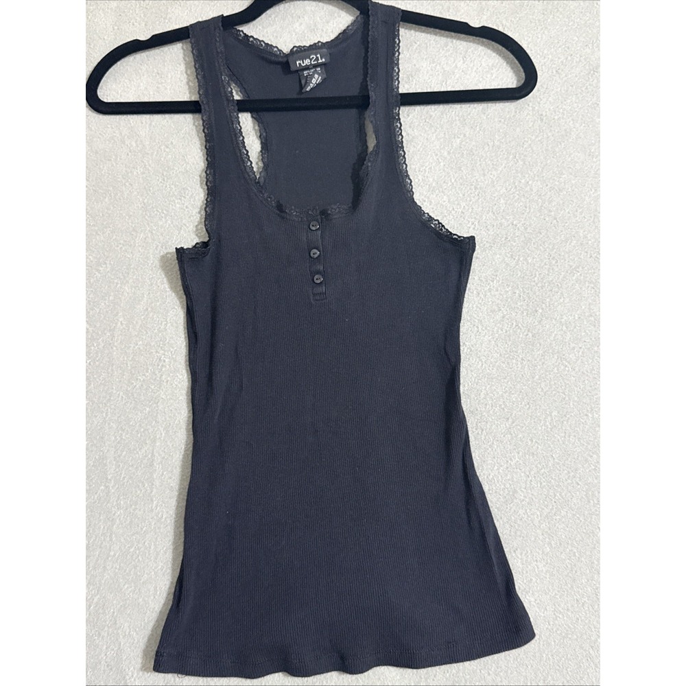 Womens Y2K Black Ribbed Tank Lace Trim Whimsygoth Grunge Witchy Vtg Sz‎ M Rue 21